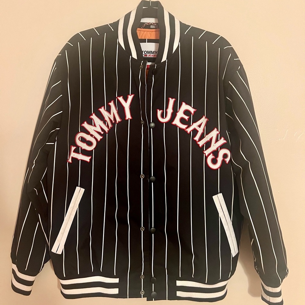 Tommy Jeans Striped Bomber Jacket. Orange interior. New condition.